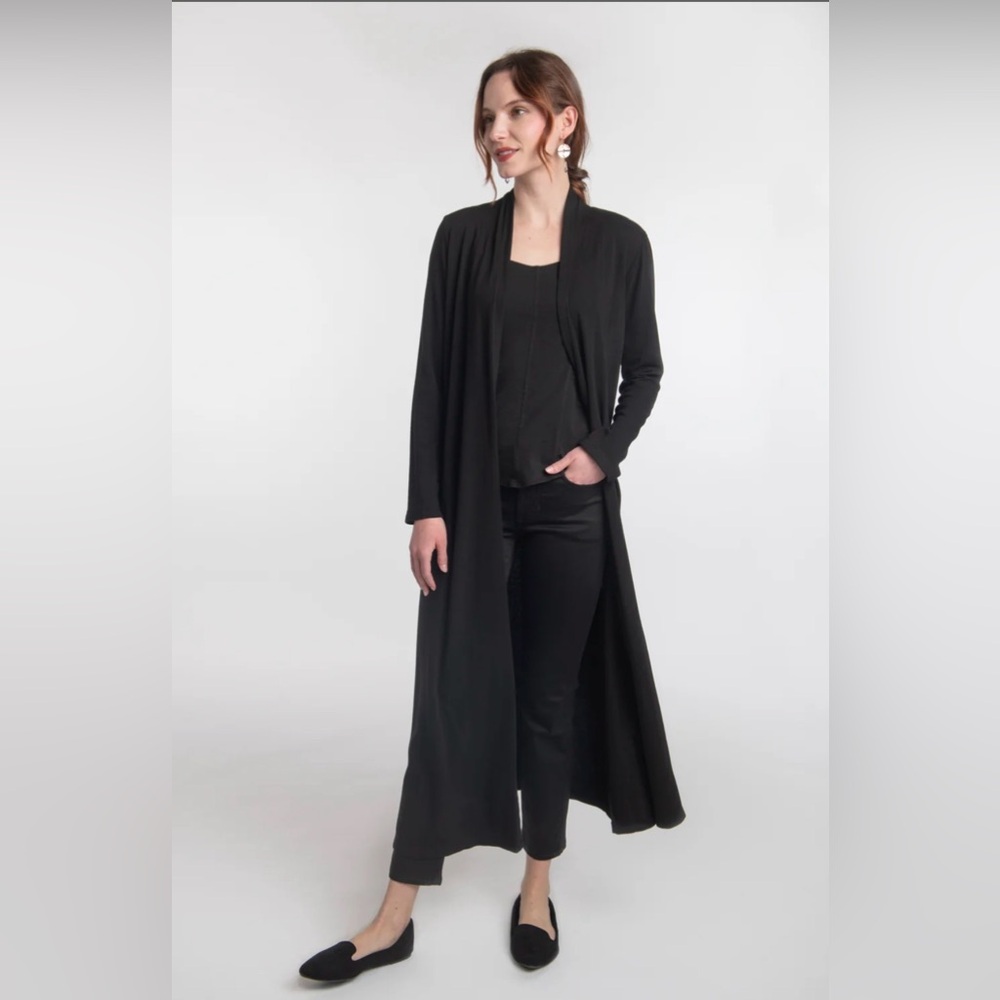Long Black Open Front Duster Cardigan